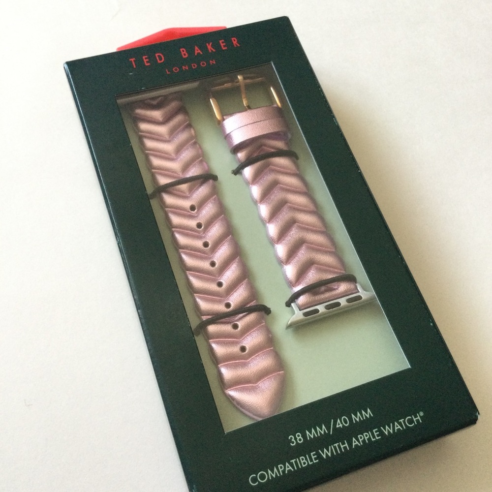 TED BAKER LONDON PINK ROSE GOLD METALLIC CHEVRON LEATHER APPLE WATCH STRAP NWT